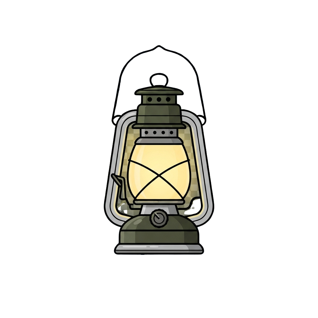 Illustration of a classic lantern with a glowing light and a handle on top.