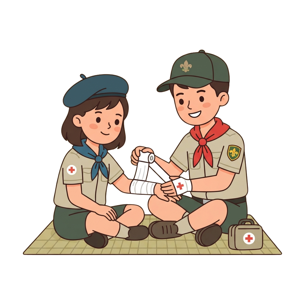 Two scouts kneeling, one applying a bandage to the other’s wrist with a first aid kit nearby