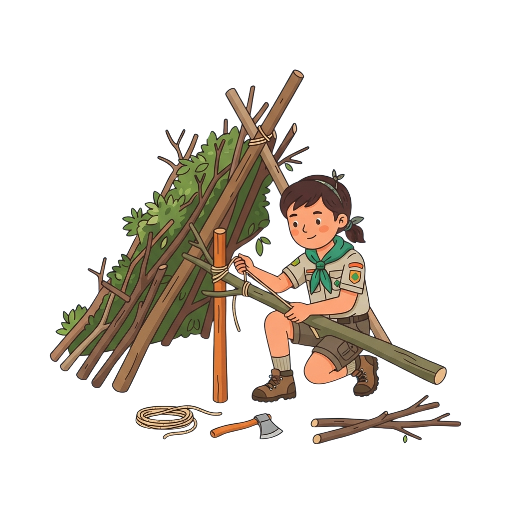 A child in a scout uniform constructing a simple wooden lean-to shelter with branches and rope.
