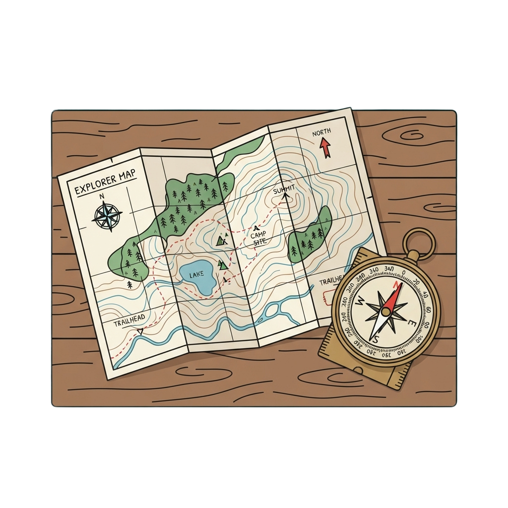 Illustration of an open explorer map with trails, a lake, and a compass showing north direction