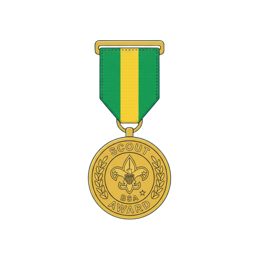 Scout BSA award medal featuring a golden circular emblem with a trefoil and laurel wreath, suspended from a green and yellow ribbon