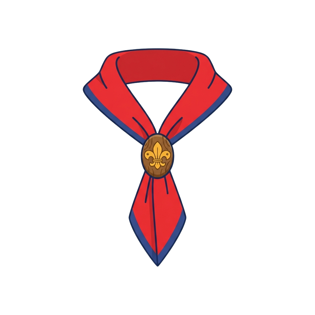 Scout scarf in red and blue with a wooden fleur-de-lis emblem in the center