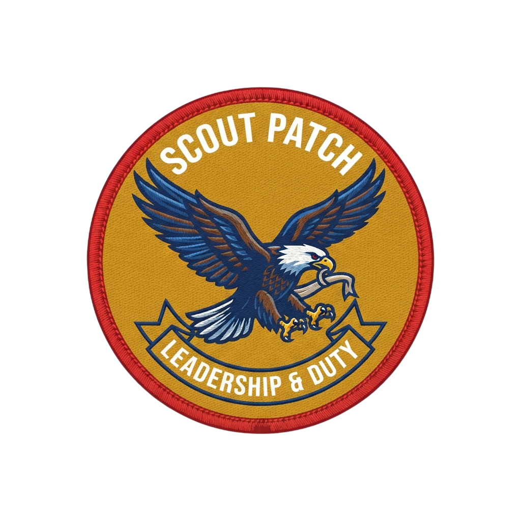 Scout patch featuring an eagle with outspread wings and a banner reading Leadership and Duty