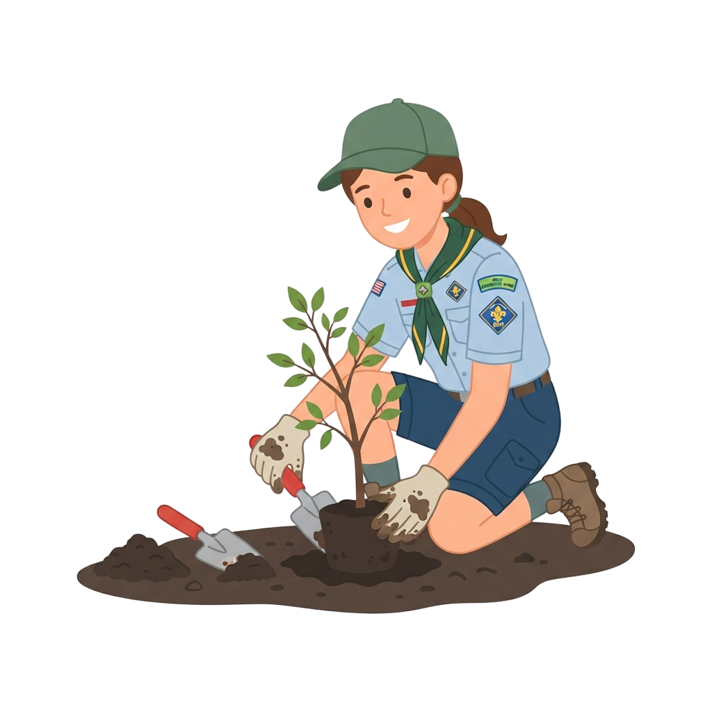 A girl scout in uniform planting a small tree in soil with gardening tools nearby