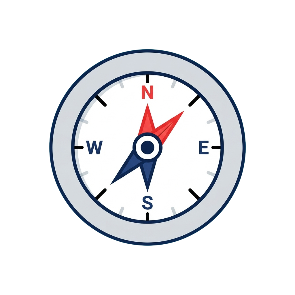 A compass with a red arrow pointing north and cardinal directions marked N, E, S, W