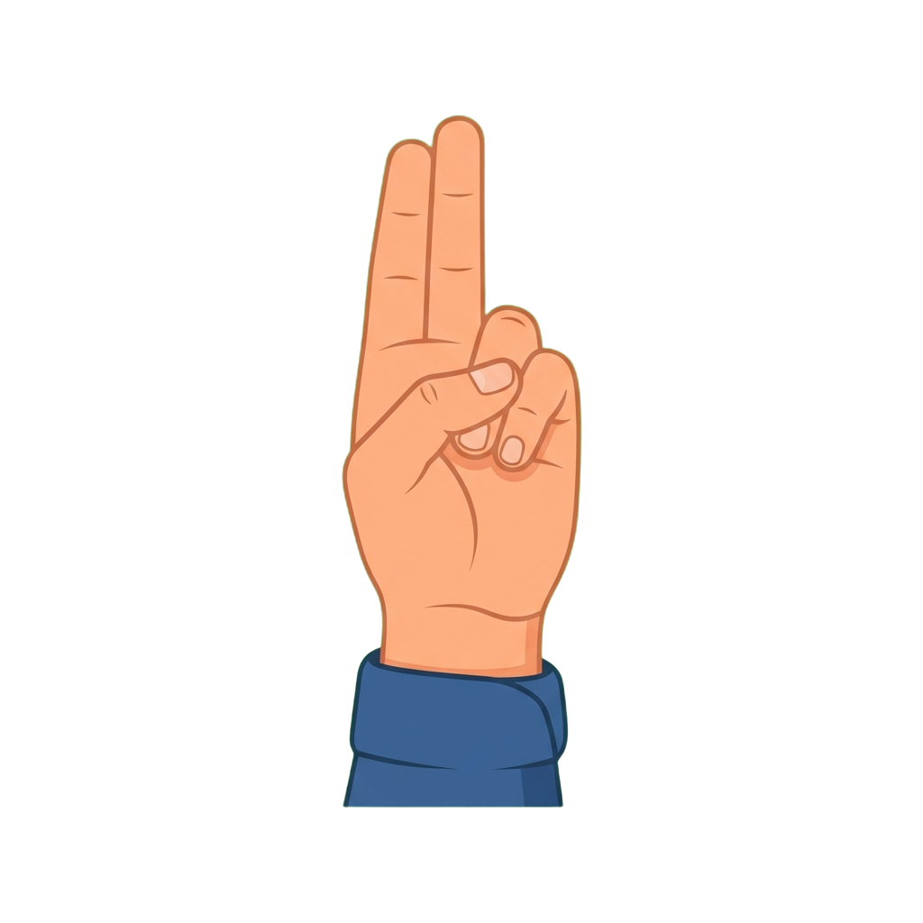 A hand making a peace sign gesture with index and middle fingers raised against a black background