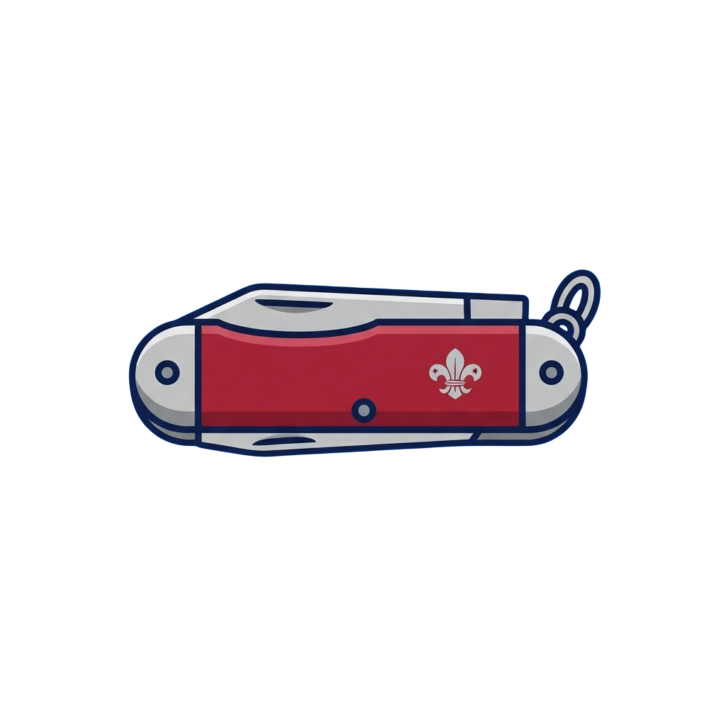 Illustration of a Swiss Army knife with a red handle featuring a scout fleur-de-lis emblem and a blue ringed border