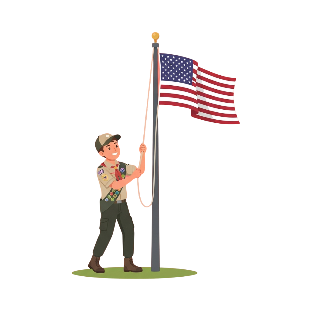 Boy Scout in uniform raising an American flag on a pole