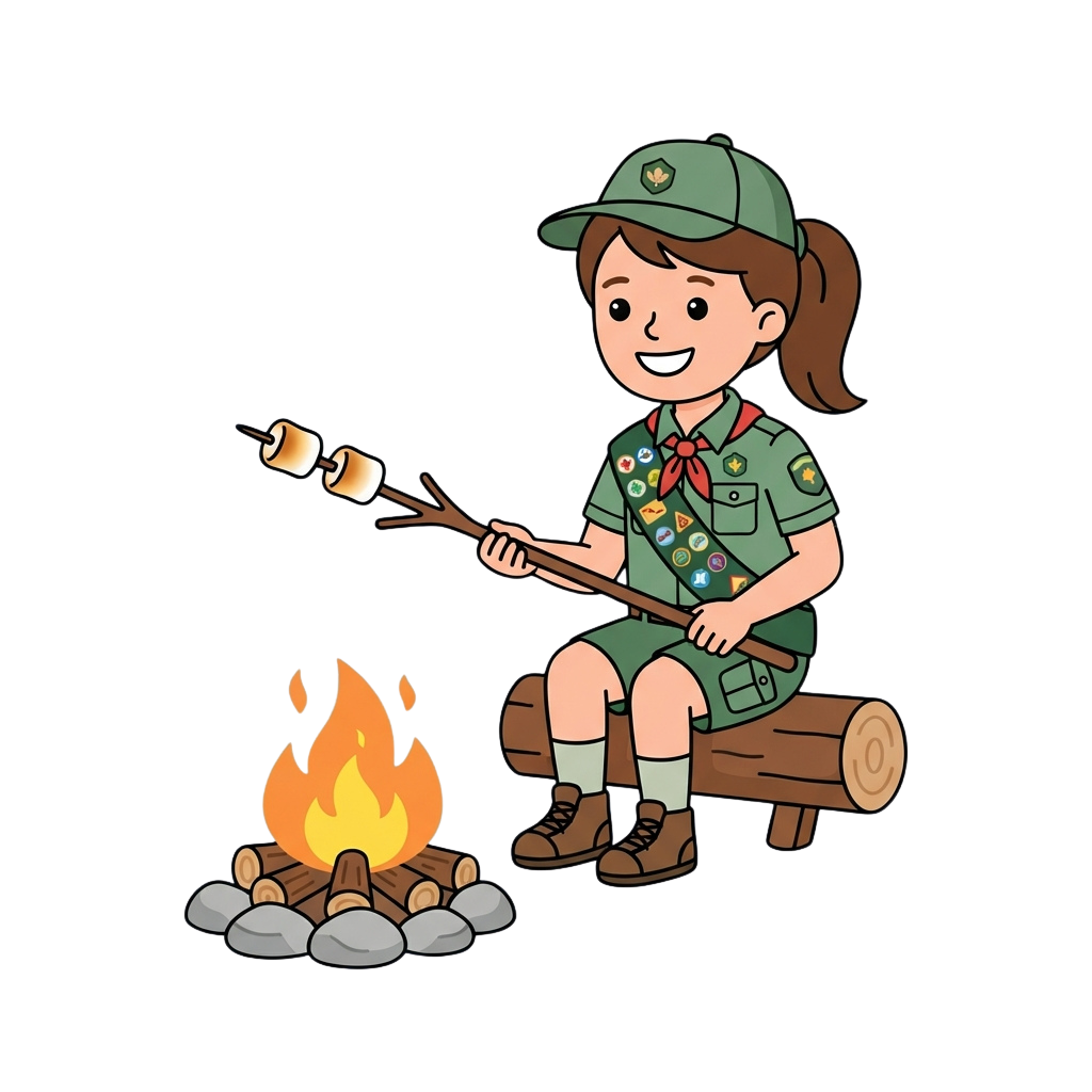 Girl Scout in uniform roasting marshmallows over a campfire on a log