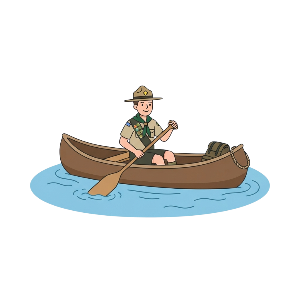 A boy scout in uniform paddles a canoe on calm water with a paddle.