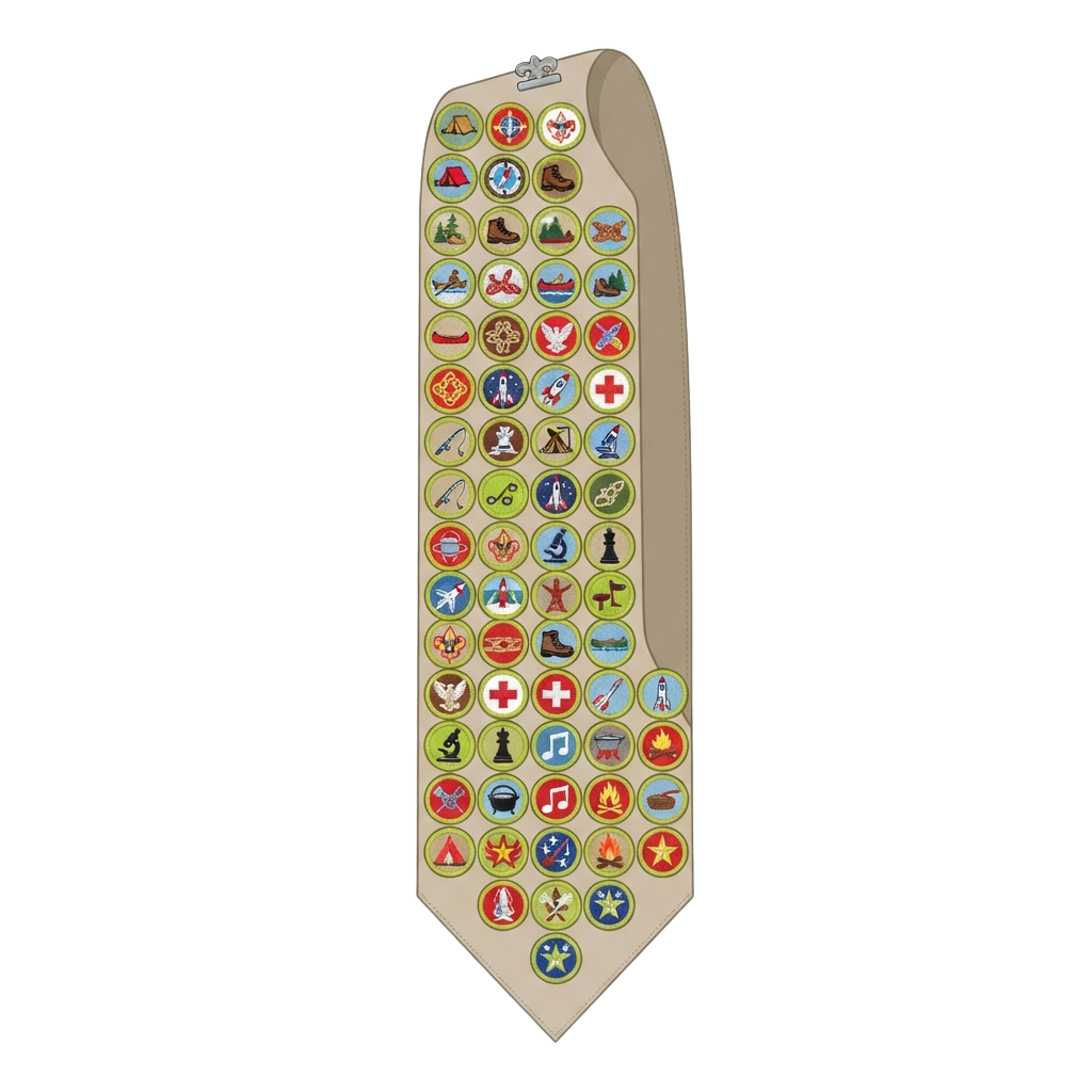Tie featuring embroidered circular patches resembling scouting merit badges in various colors and designs