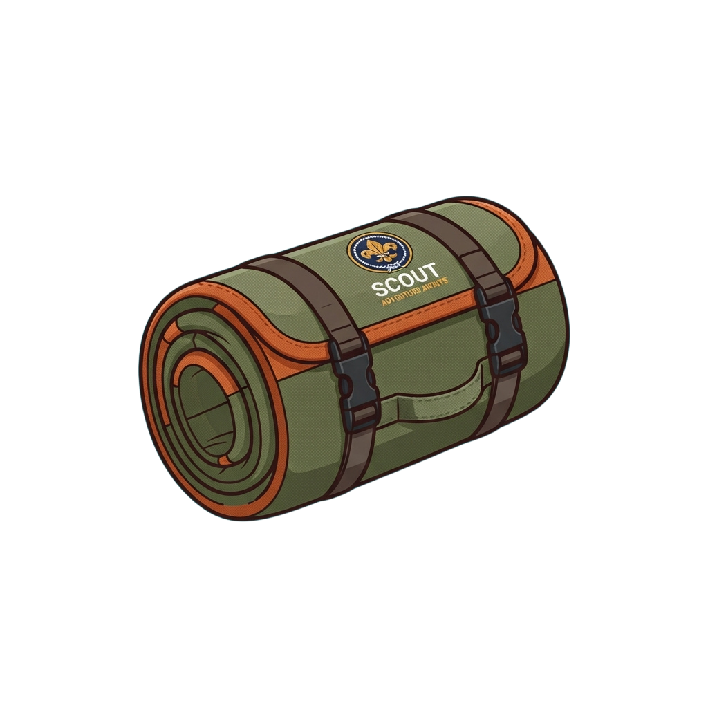 Illustration of a rolled sleeping pad with straps and a scout logo on olive green and brown fabric