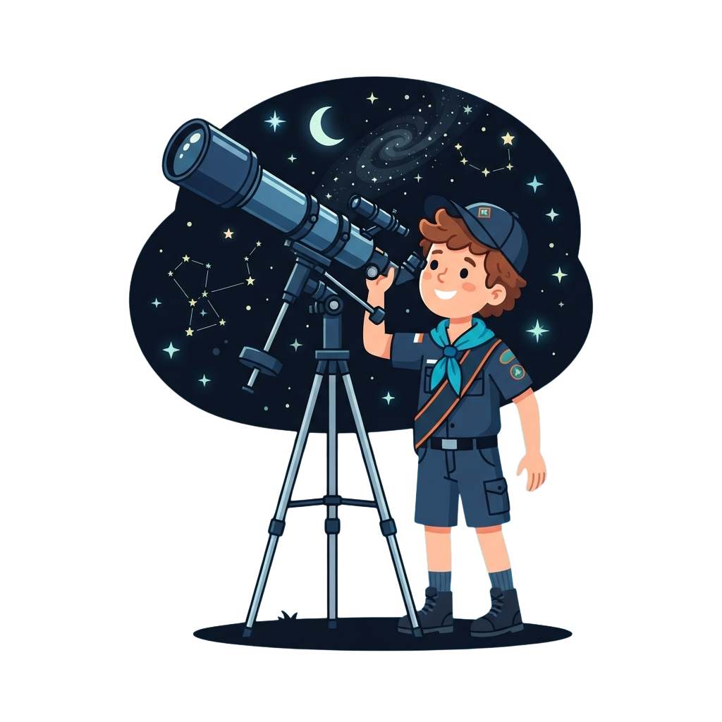 A boy in scout uniform looking through a telescope at a starry night sky with constellations and a crescent moon