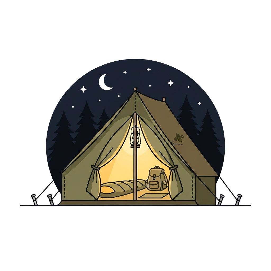 Illustration of a tent pitched inside a forest at night with sleeping bag and backpack visible