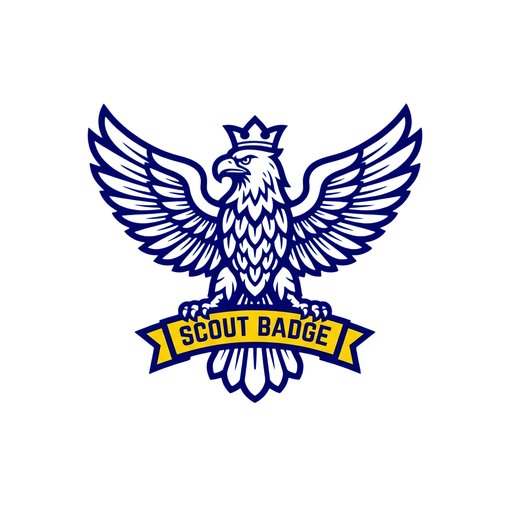 Blue scout badge featuring an eagle with outspread wings and a crown, holding a yellow banner with text