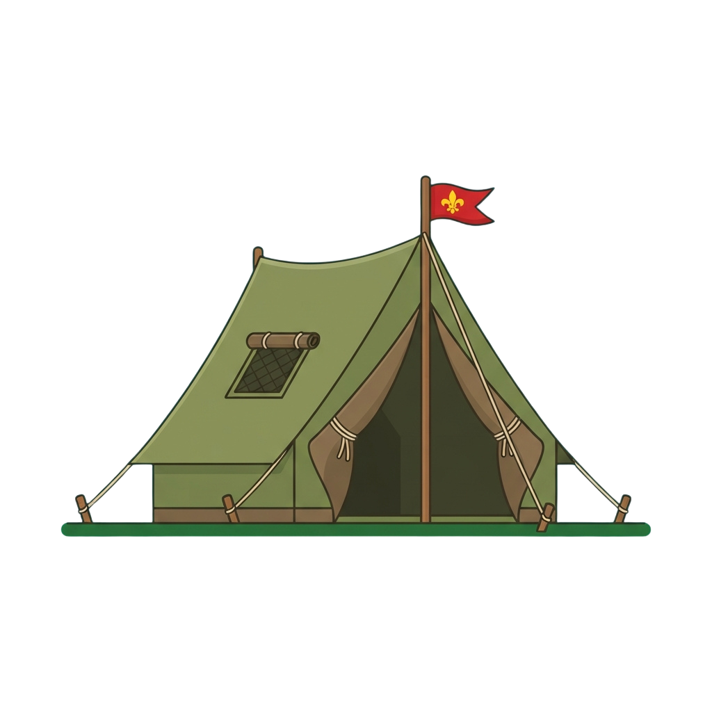 Illustration of a green military-style tent with a red flag featuring a yellow fleur-de-lis symbol