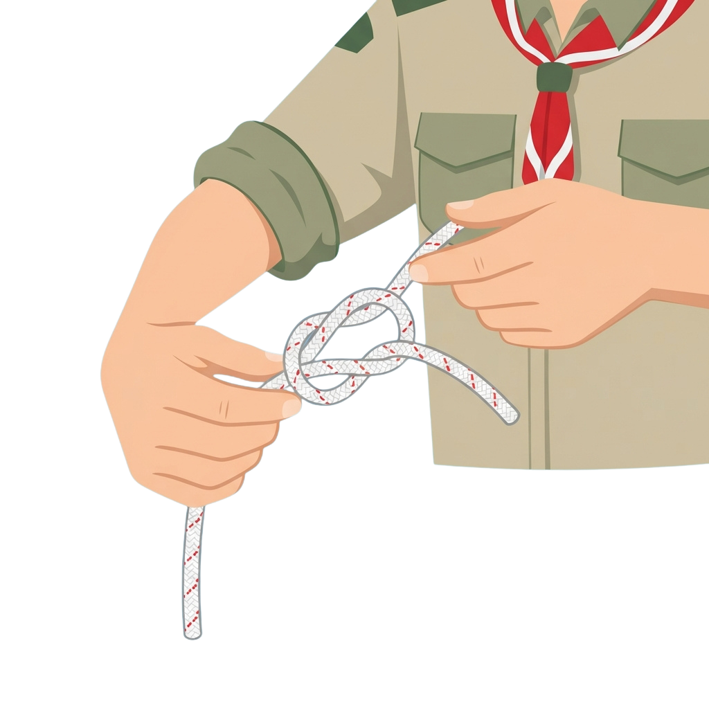 Illustration showing two people tying a bowline knot in a rope while wearing scout uniforms