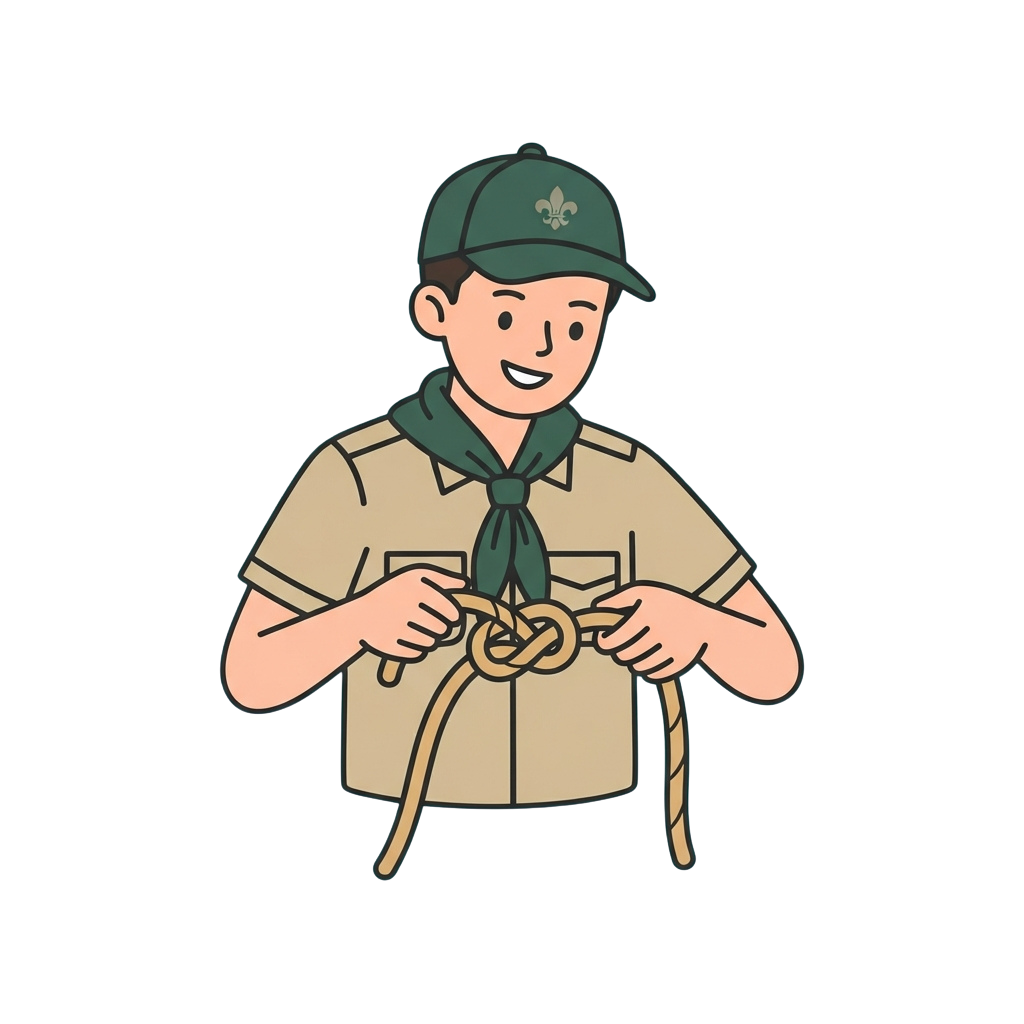 A scout in uniform tying a knot with rope, smiling and holding the ends of the rope.