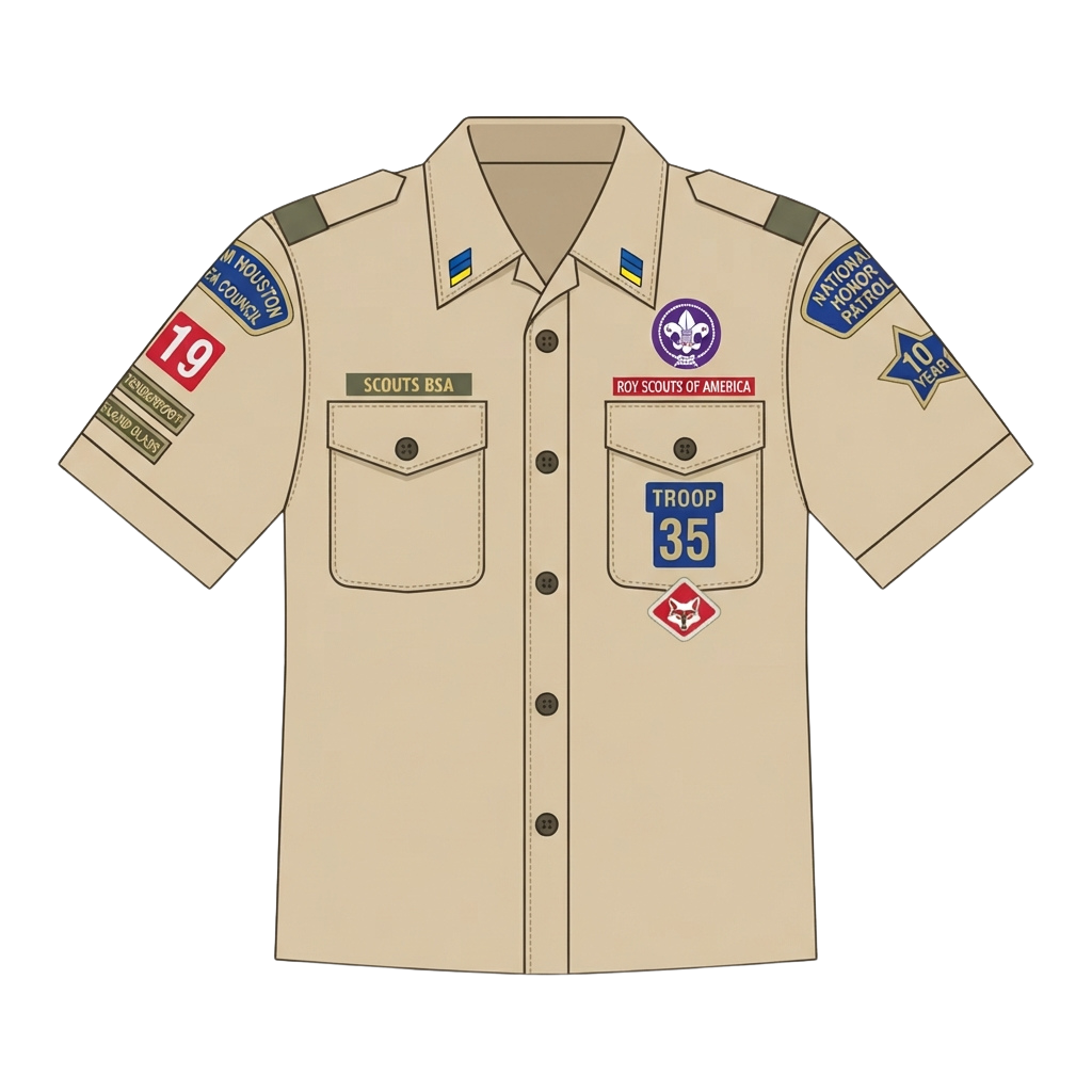Tan Boy Scouts uniform shirt featuring various embroidered patches and troop insignia on sleeves and chest