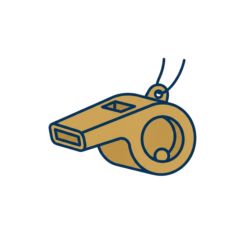 Illustration of a yellow sports whistle with a blue outline and attached lanyard