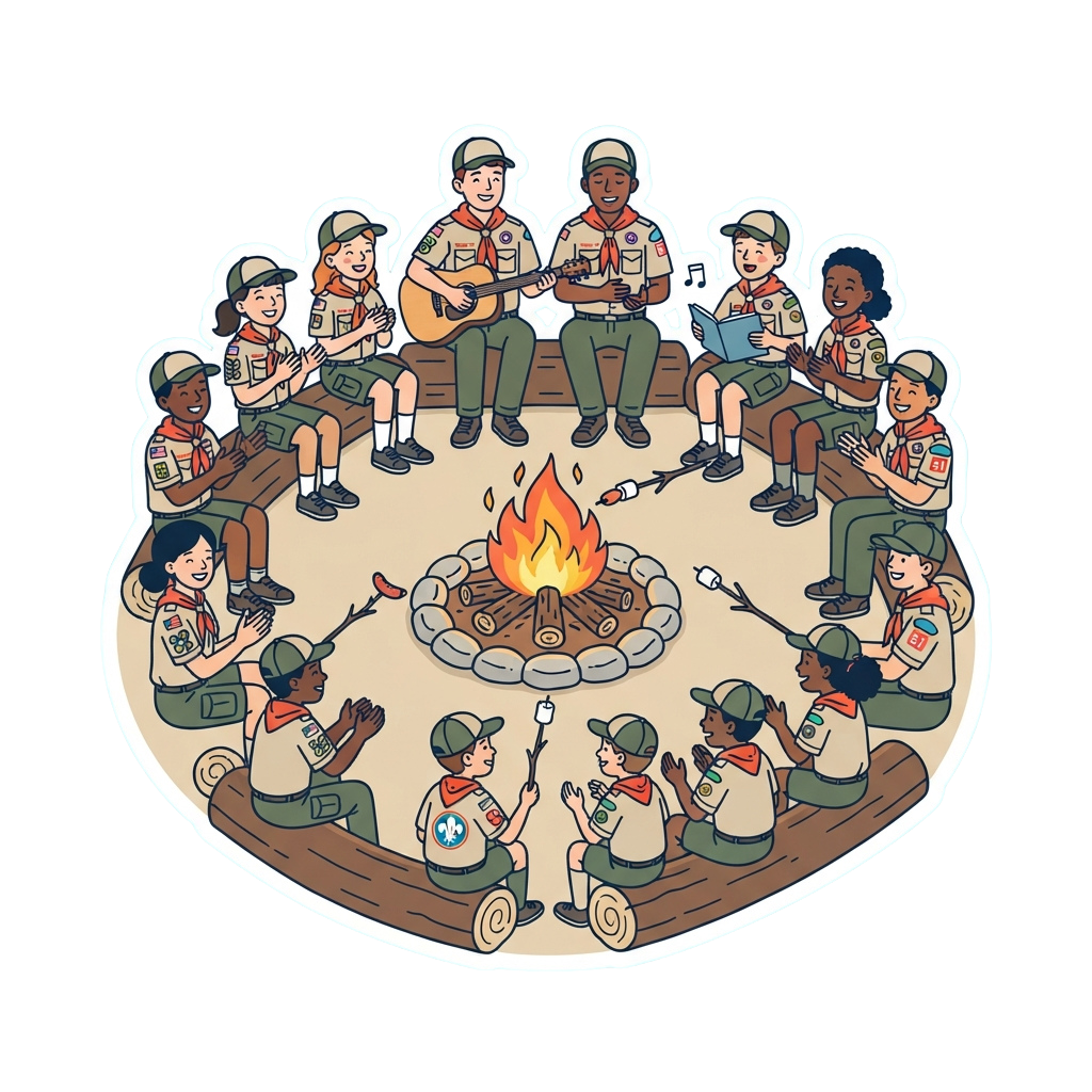 Illustration of diverse scouts sitting around a campfire roasting marshmallows and enjoying activities