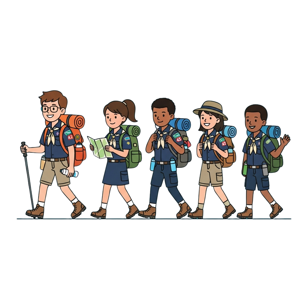 Five smiling scouts walking in a line on a trail, wearing backpacks and scout uniforms