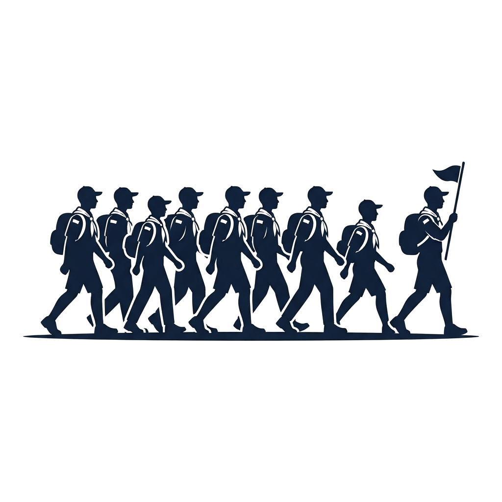 Silhouettes of soldiers marching in formation with one carrying a flag