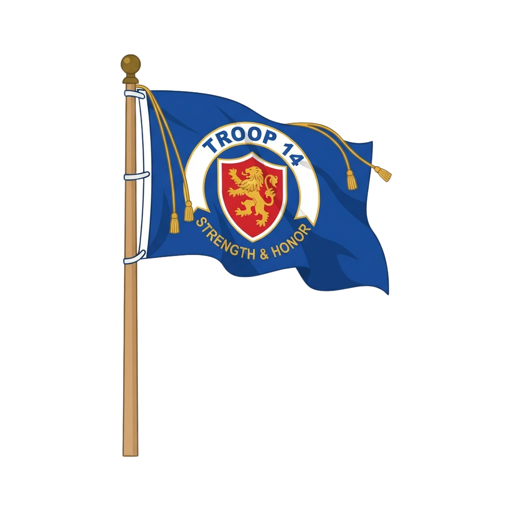 Blue flag with Troop 14 emblem featuring a red lion on a white shield, tassels, and the motto Strength and Honor