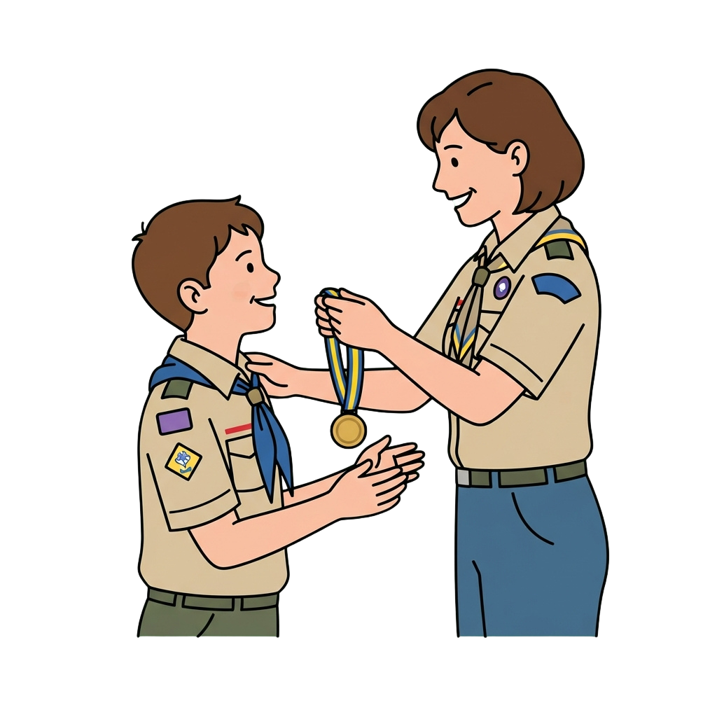 A scout leader pins a medal on a smiling young scout during an award ceremony