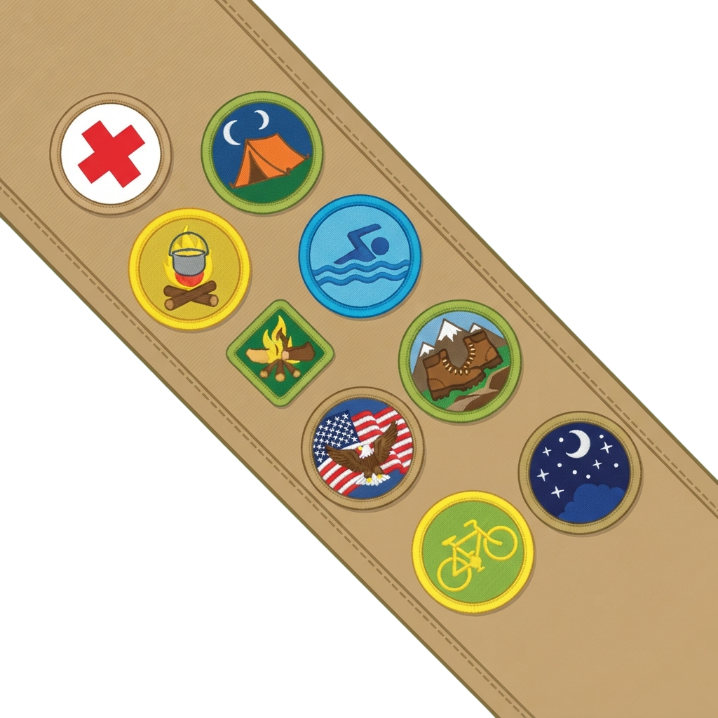 A collection of scout-themed badges arranged on a fabric strip including first aid, camping, swimming, and outdoor skills icons