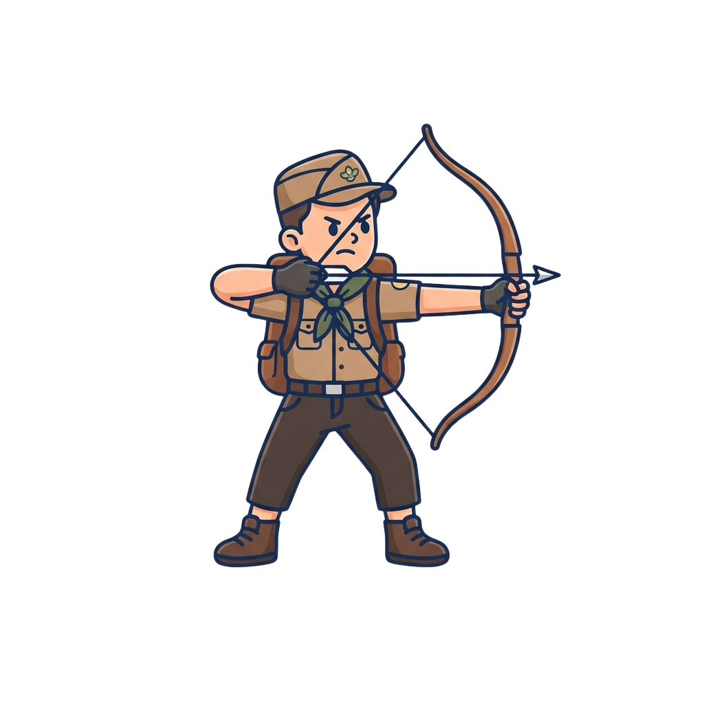 A cartoon scout boy aiming a bow and arrow with focused expression