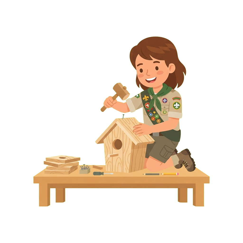 Girl Scout hammering a nail into a wooden birdhouse on a workbench with tools around