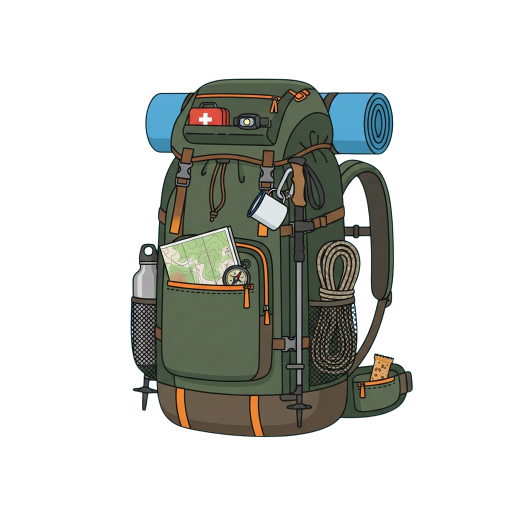 Illustration of a green hiking backpack filled with essential items like a map, water bottle, first aid kit, and sleeping pad