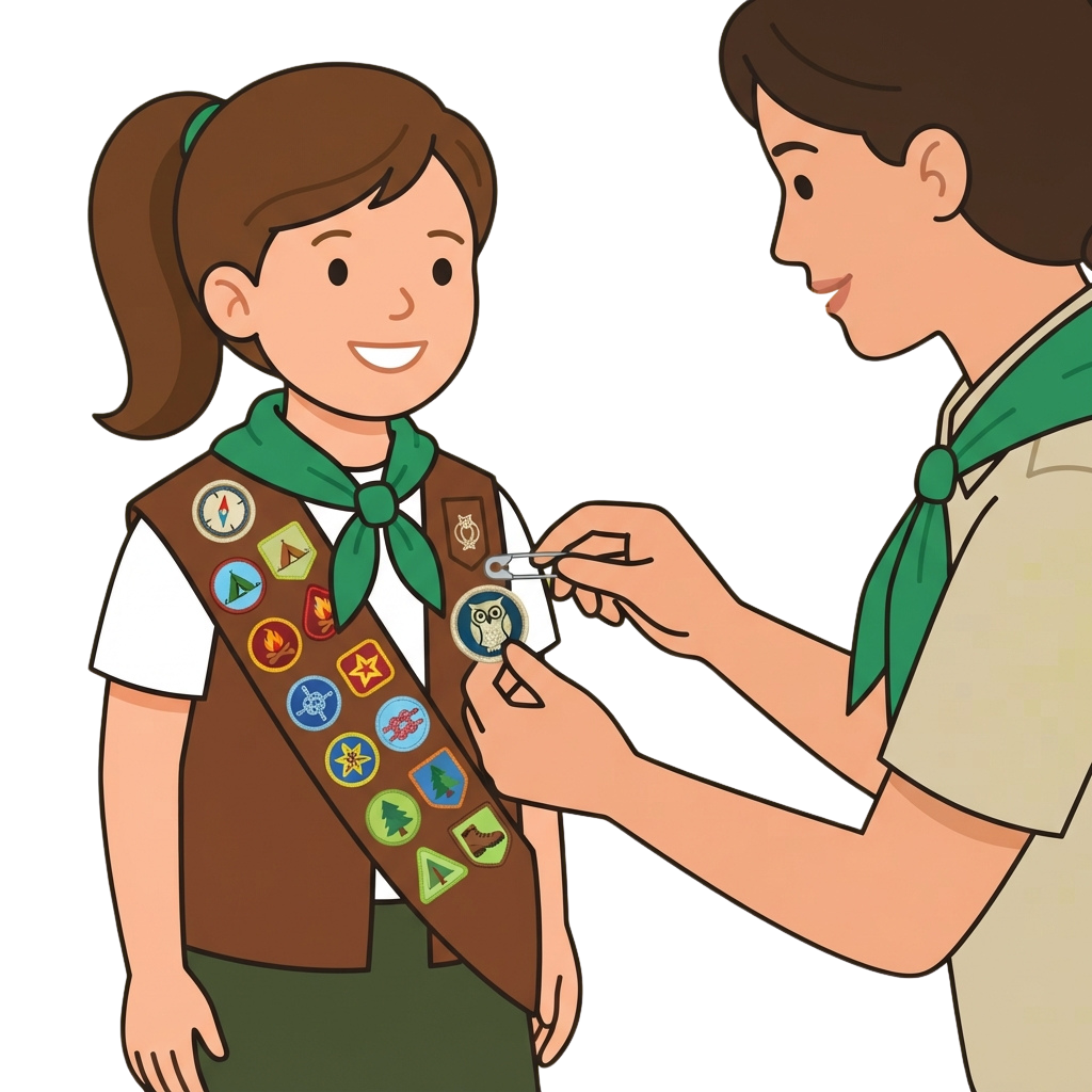 A young girl in a Girl Scout uniform receiving a badge from an adult leader