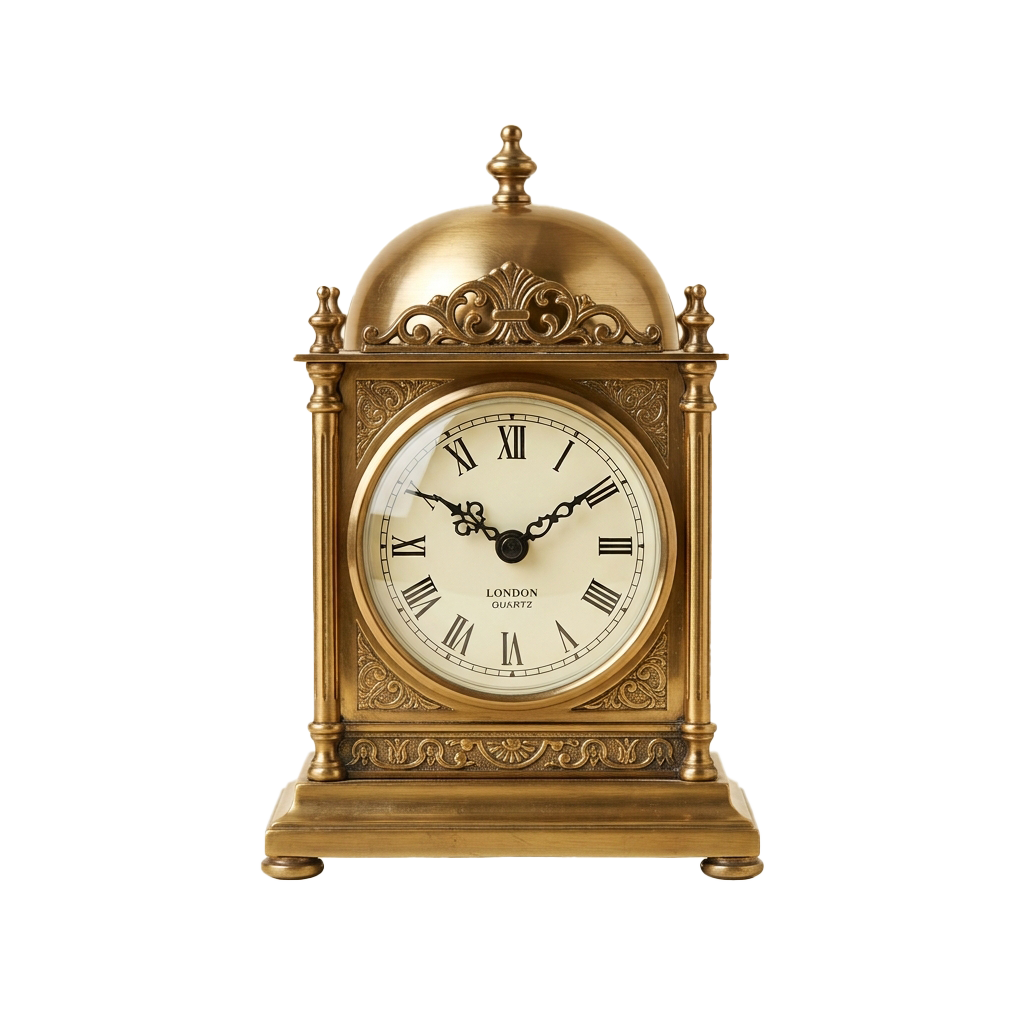 A decorative gold-colored grandfather clock with Roman numerals and a quartz movement.