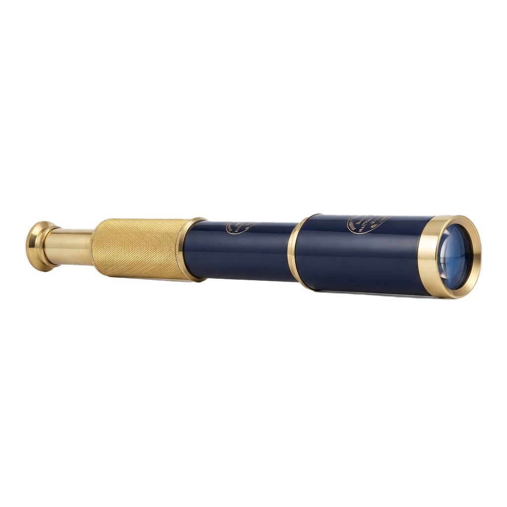 A brass telescope with a blue cylindrical body and gold accents, shown against a black background