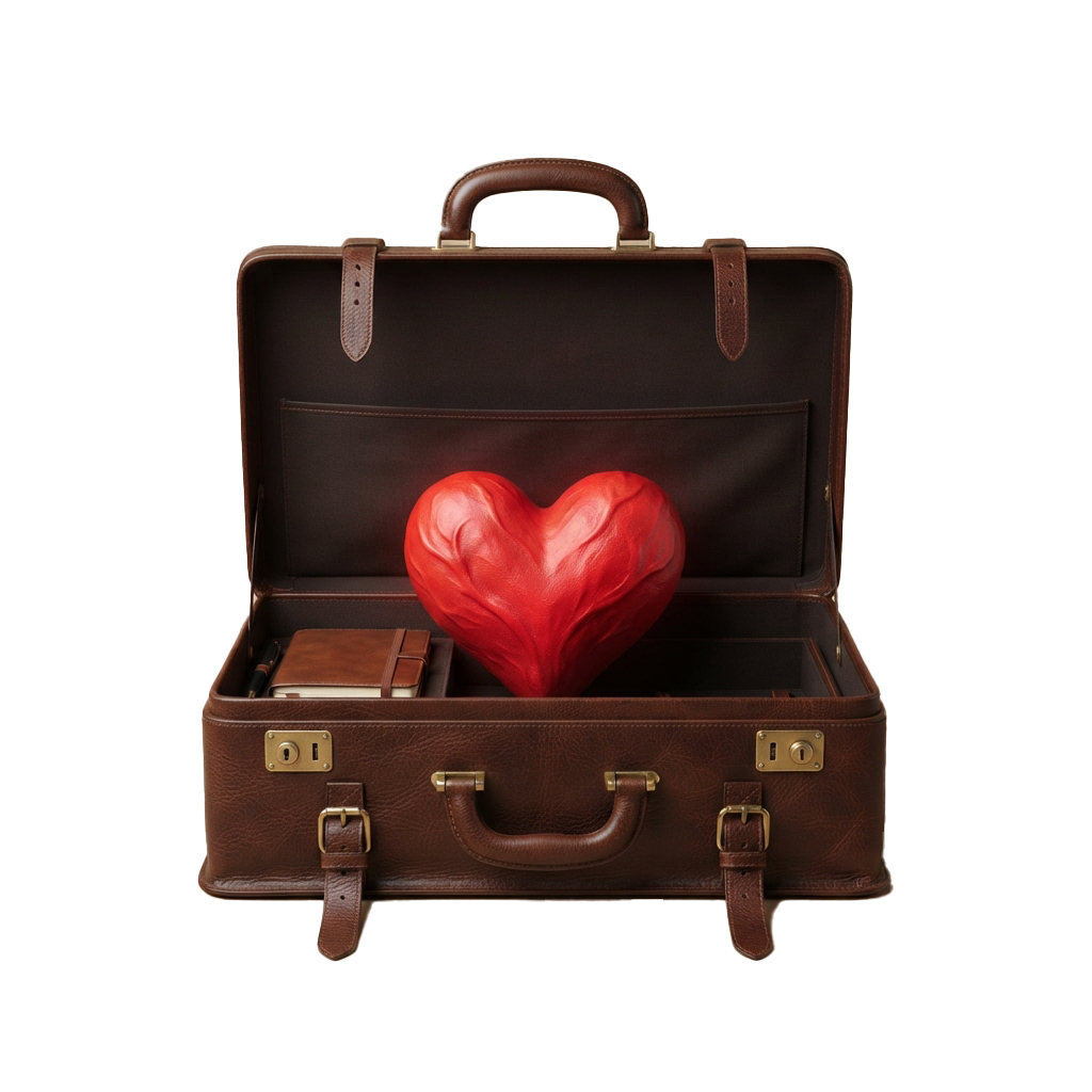 An open brown suitcase containing a glowing red heart shape