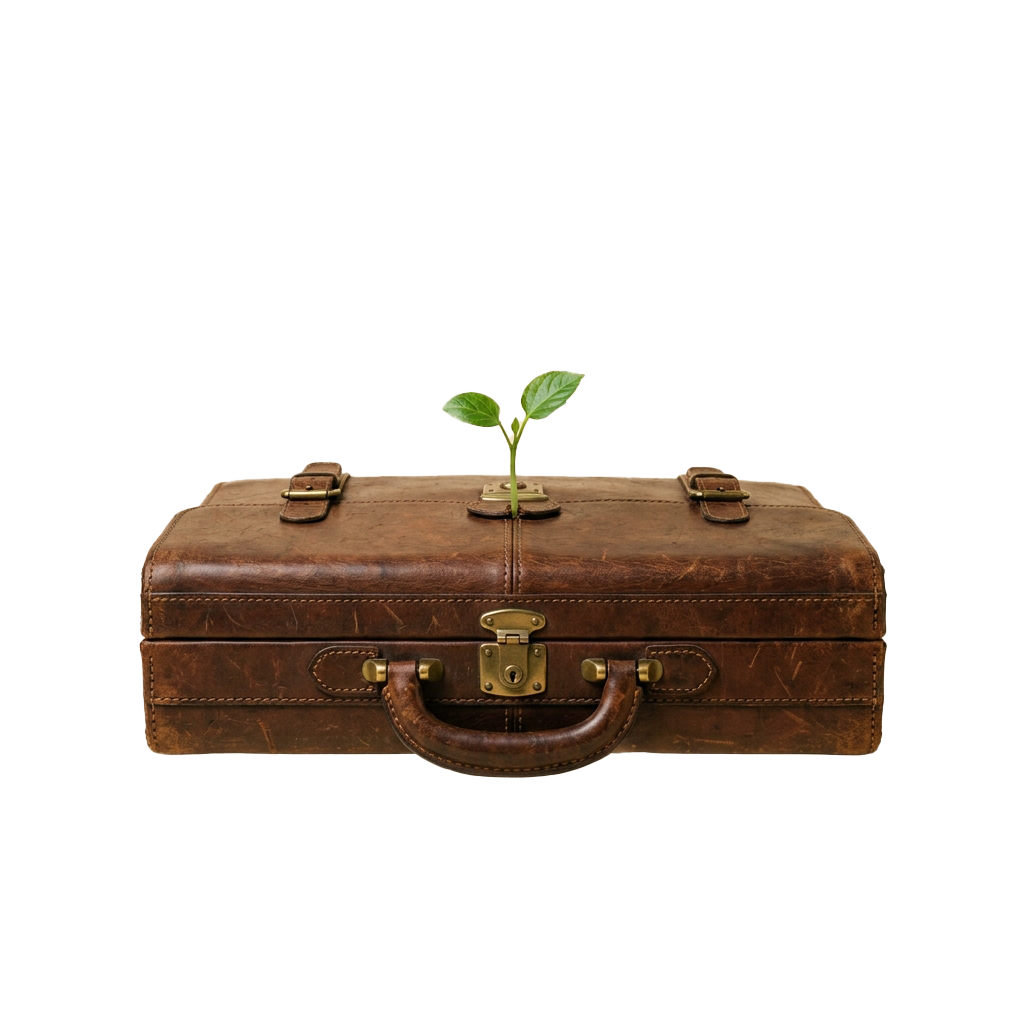 A brown leather briefcase with a small green plant sprouting from its handle
