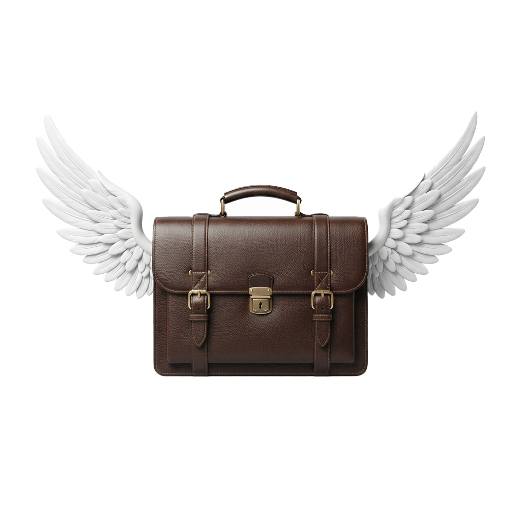 A brown leather briefcase with stylized white angel wings attached on each side
