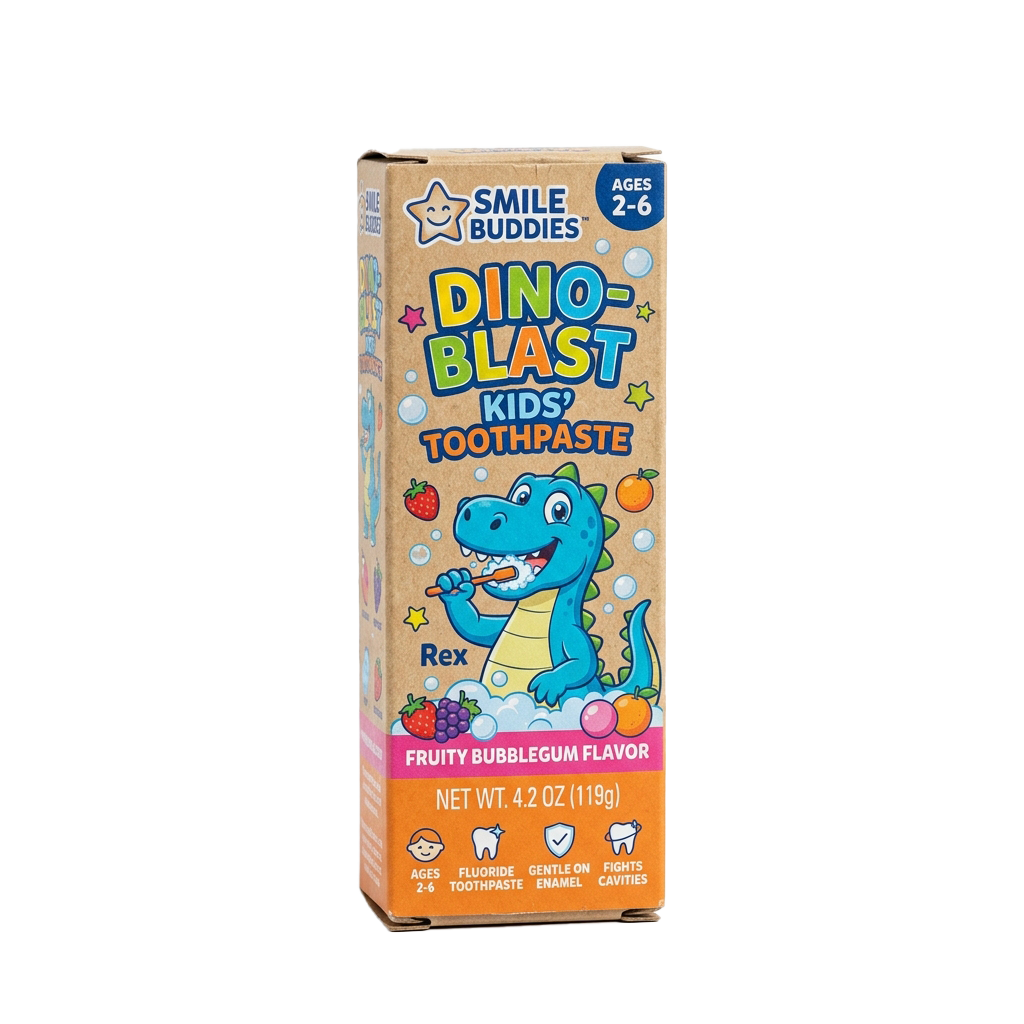 Colorful box of children's toothpaste featuring a cartoon dinosaur brushing teeth, labeled for ages 2-6.