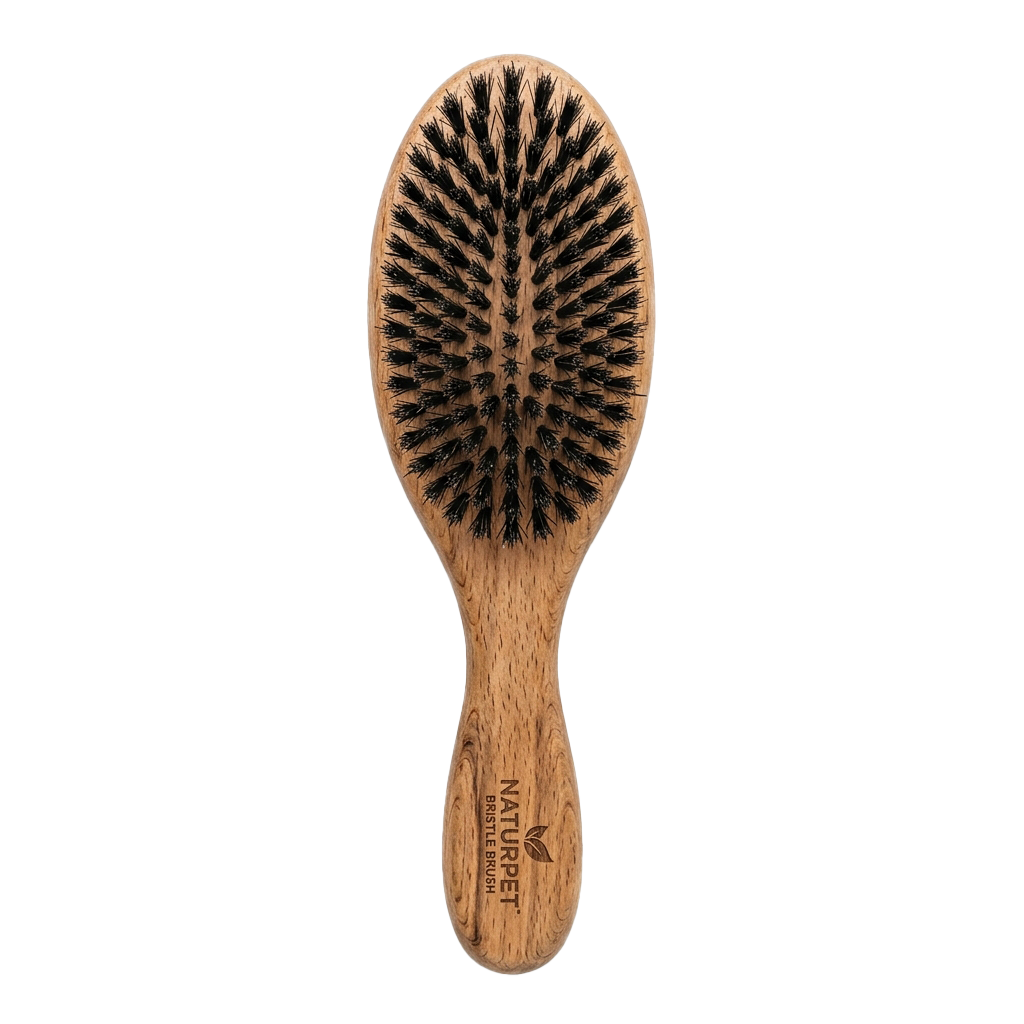 A wooden-handled brush with natural boar bristles for detangling pet fur