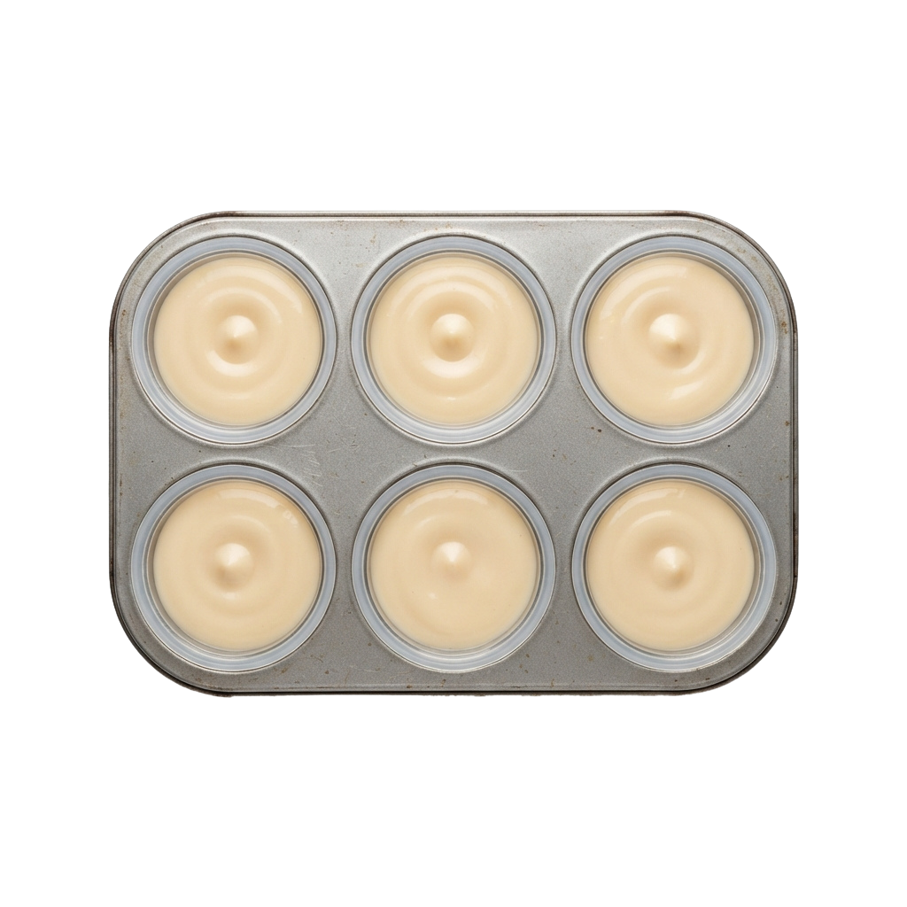 A muffin tin with six cupcake liners filled with beige batter