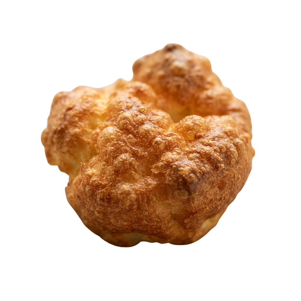 A single golden brown cream puff against a black background