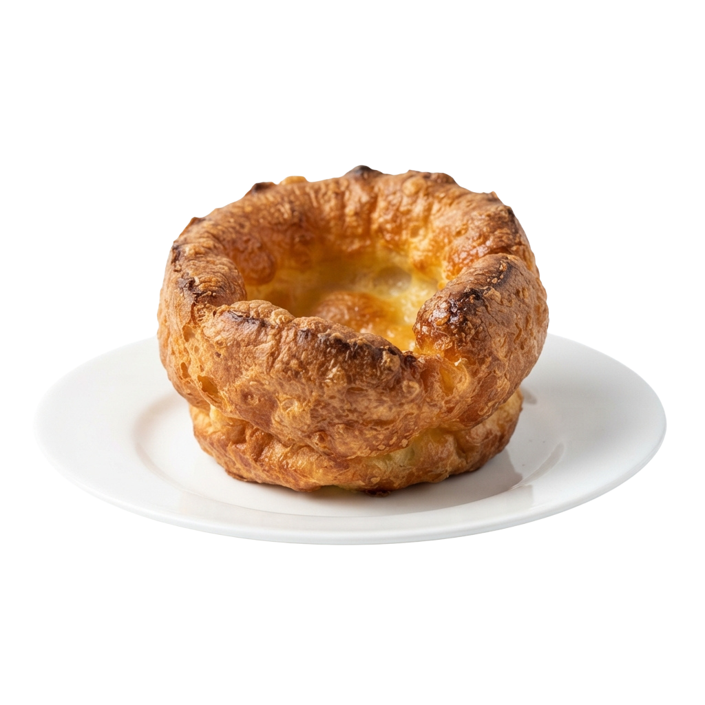A golden brown Yorkshire pudding on a white plate