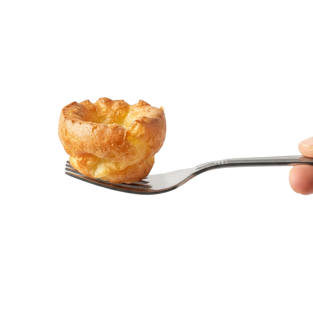 A golden-brown Yorkshire pudding on a silver fork