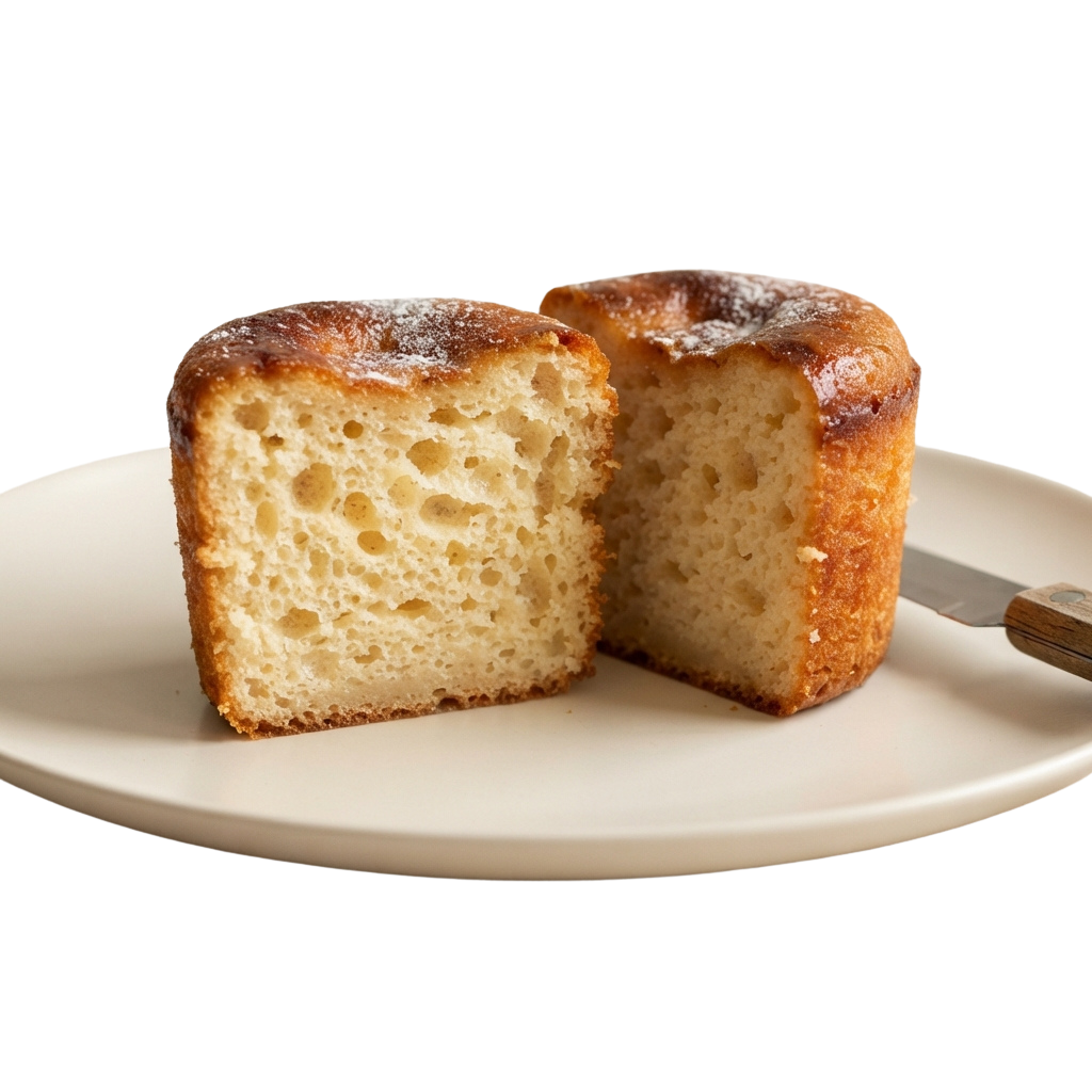 Two halves of a cut pandoro on a white plate with a knife