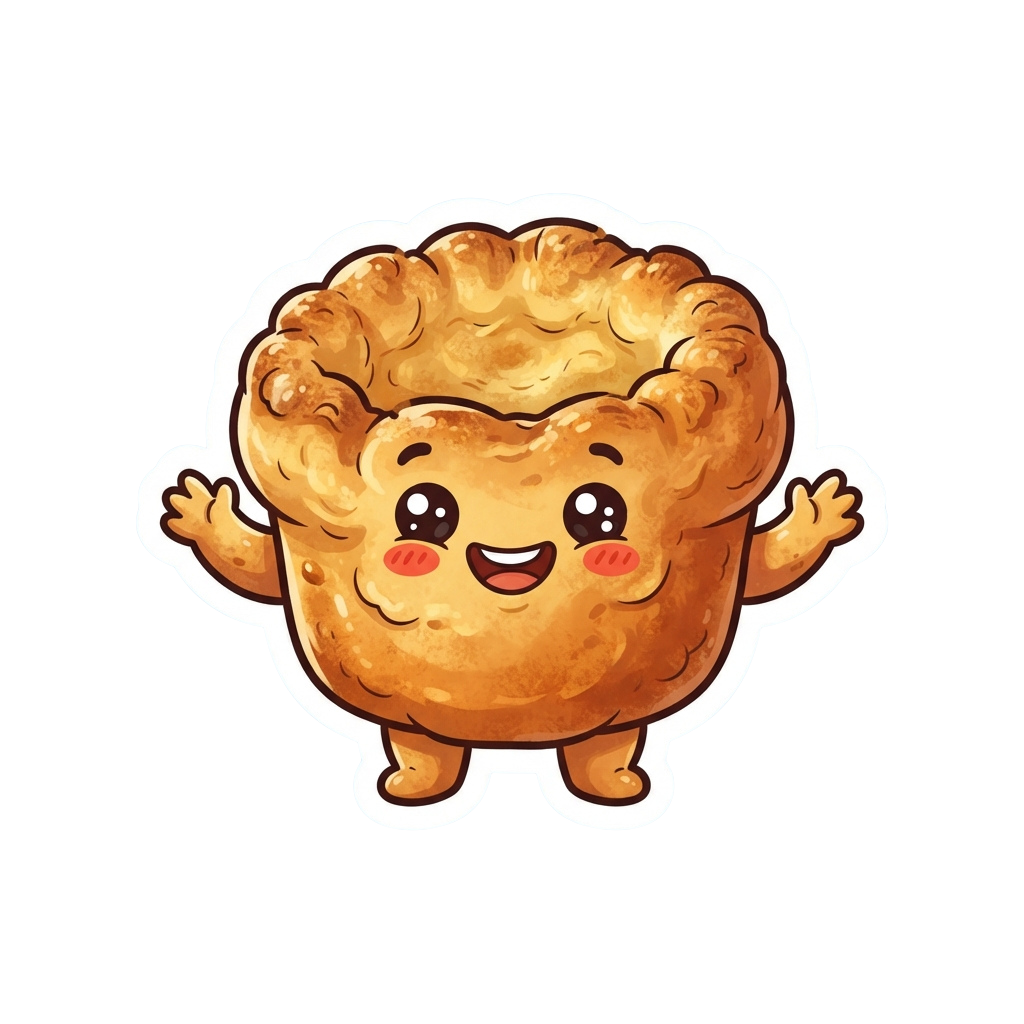 A cartoon croissant with a smiling face and arms outstretched