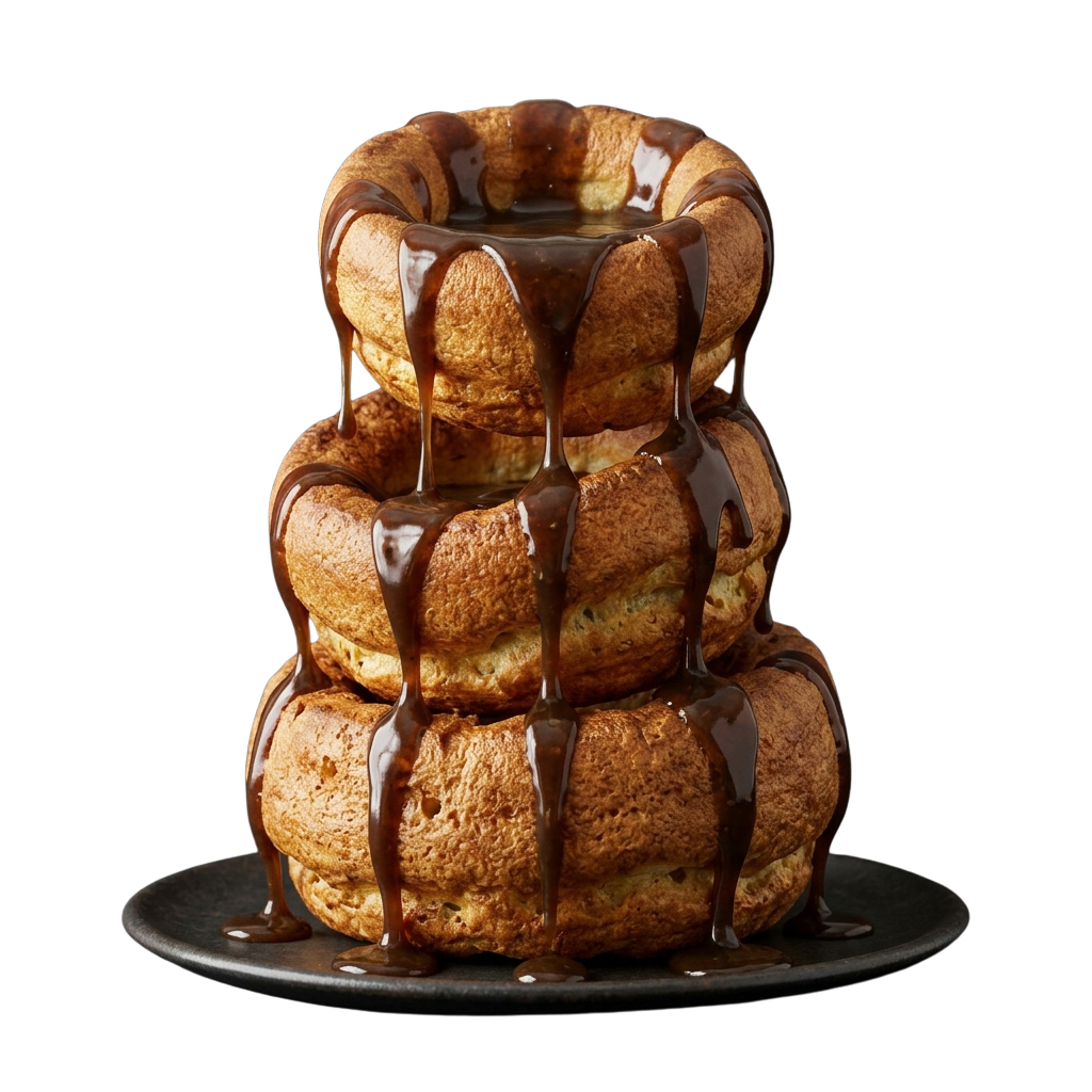 A stack of three golden soufflé cakes with chocolate sauce drizzled over them
