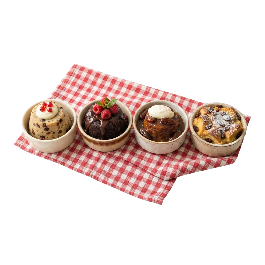 Four small desserts in ceramic bowls on a red and white checkered cloth