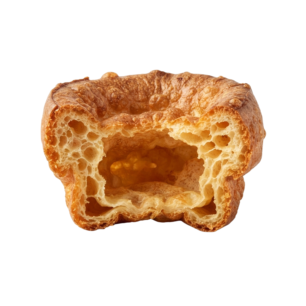 Golden brown pastry crust cut in half on black